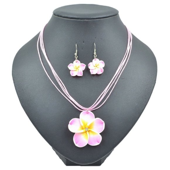 Fashion Jewelry Jewelry - PINK AND YELLOW PLUMERIA EARRING AND NECKLACE SET